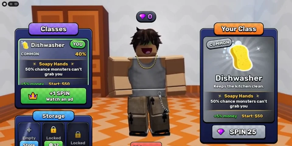 In-game screenshot of a Dishwasher roll: Common, 40% odds, Soapy Hands, +5% money, Start $50 and SPIN 25