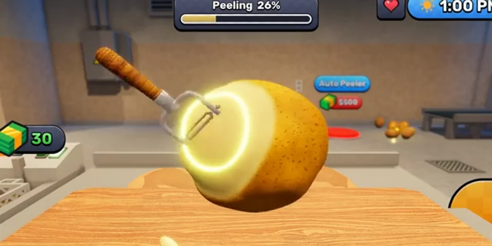 In-game frame of the peeling station: a half-peeled potato, the Peeling 26 percent meter and the Auto Peeler $500 sign